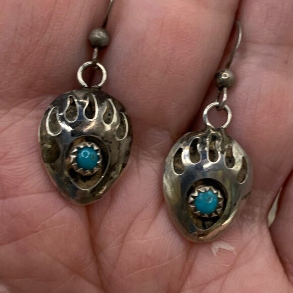 Bear Claw Turquoise Sterling Silver Shadowbox Vintage Earrings Signed RB J783 - Picture 2 of 5
